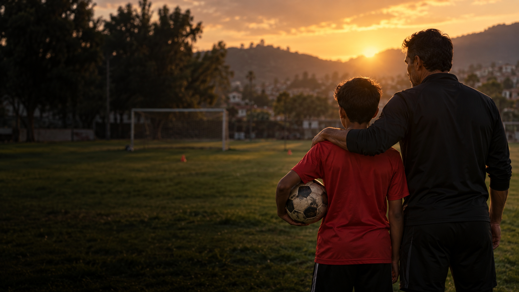 Imagen conceptual: un joven futbolista y su mentor miran juntos hacia la cancha