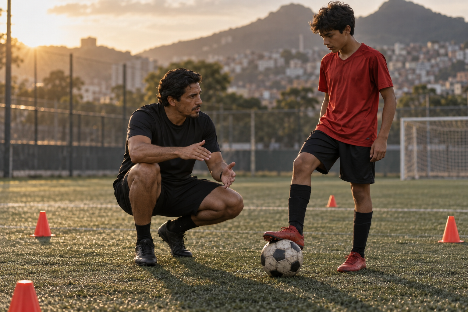 Mentor orientando a un futbolista en el campo